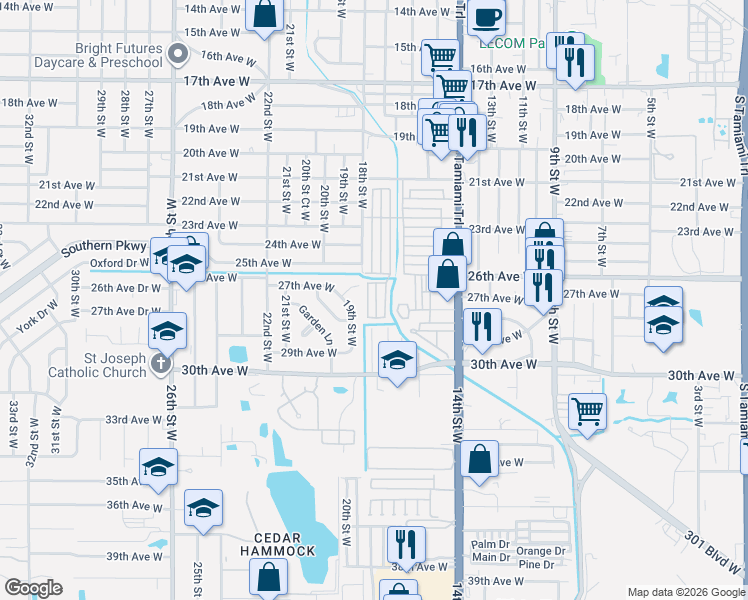 map of restaurants, bars, coffee shops, grocery stores, and more near 1708 27th Avenue West in Bradenton