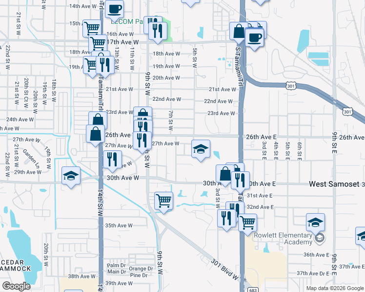 map of restaurants, bars, coffee shops, grocery stores, and more near 509 26th Avenue West in Bradenton