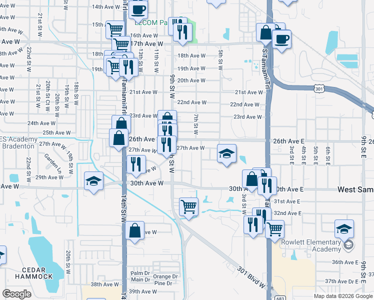 map of restaurants, bars, coffee shops, grocery stores, and more near 809 26th Avenue West in Bradenton