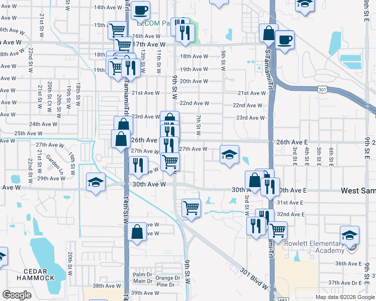map of restaurants, bars, coffee shops, grocery stores, and more near 809 26th Avenue West in Bradenton
