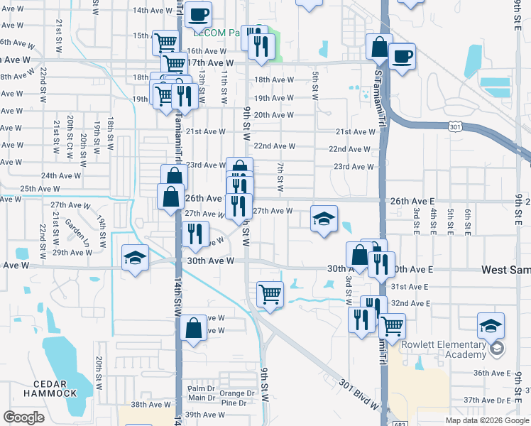 map of restaurants, bars, coffee shops, grocery stores, and more near 809 26th Avenue West in Bradenton