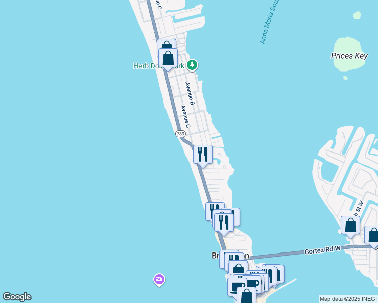 map of restaurants, bars, coffee shops, grocery stores, and more near 2107 Avenue C in Bradenton Beach