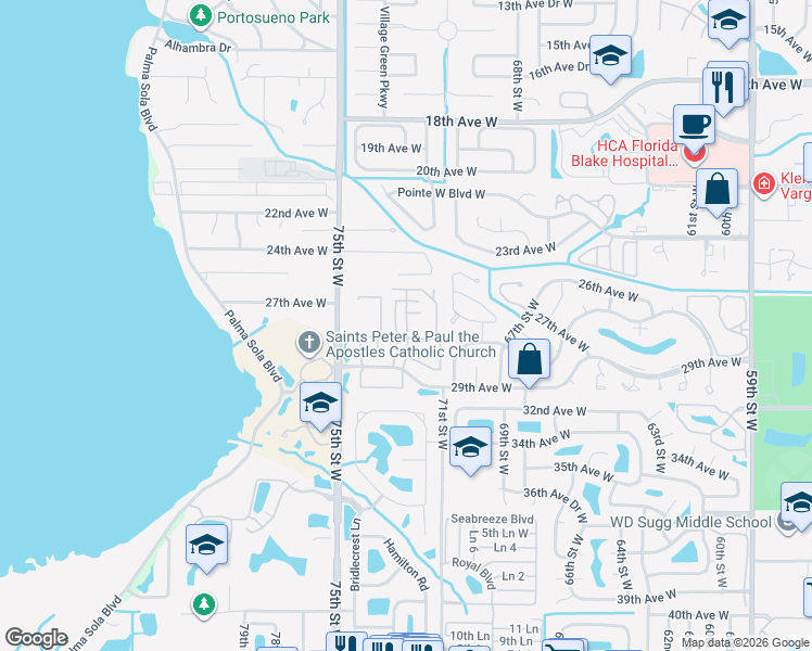 map of restaurants, bars, coffee shops, grocery stores, and more near 7115 27th Avenue Drive West in Bradenton