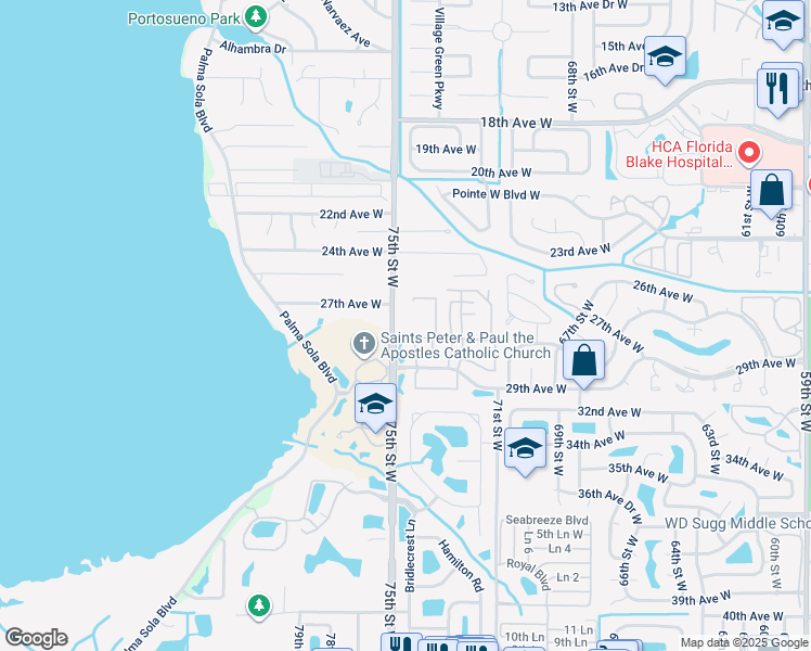map of restaurants, bars, coffee shops, grocery stores, and more near 2727 75th Street West in Bradenton