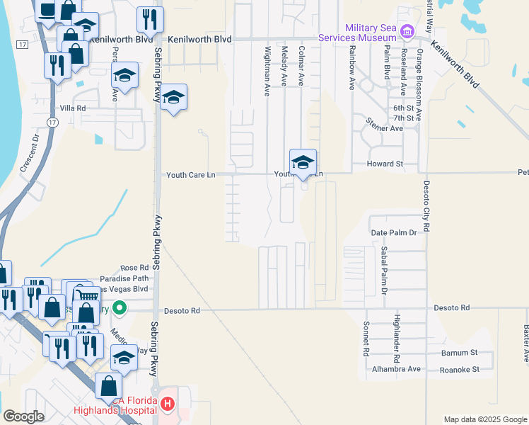 map of restaurants, bars, coffee shops, grocery stores, and more near 3819 Youth Care Lane in Sebring