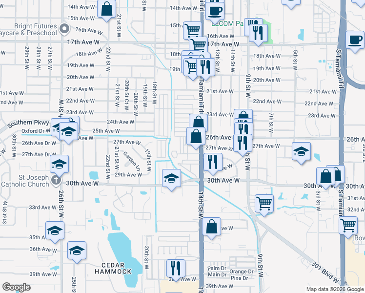 map of restaurants, bars, coffee shops, grocery stores, and more near 15 14th Lane West in Bradenton