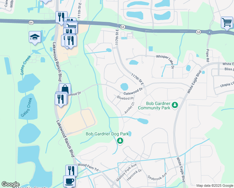 map of restaurants, bars, coffee shops, grocery stores, and more near 11615 Bluebird Place in Lakewood Ranch