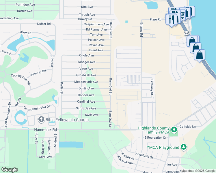 map of restaurants, bars, coffee shops, grocery stores, and more near 2204 Barn Owl Street in Sebring