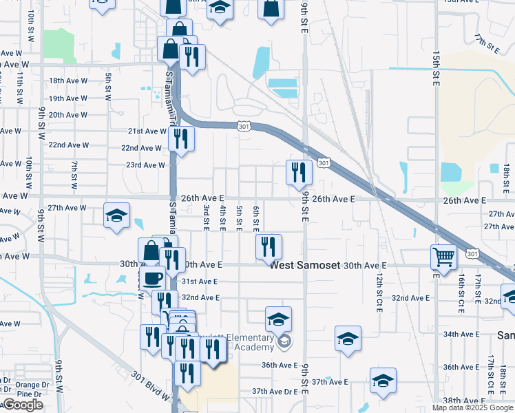map of restaurants, bars, coffee shops, grocery stores, and more near 2605 6th Street East in Bradenton