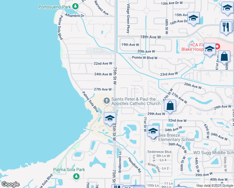 map of restaurants, bars, coffee shops, grocery stores, and more near 2727 75th Street West in Bradenton