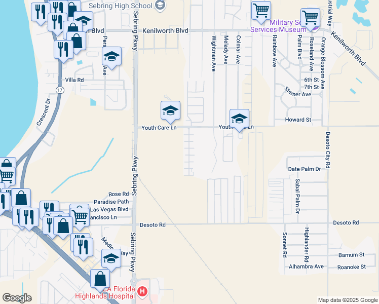 map of restaurants, bars, coffee shops, grocery stores, and more near 3801 Youth Care Lane in Sebring