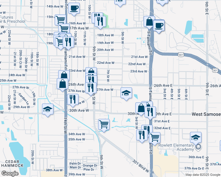map of restaurants, bars, coffee shops, grocery stores, and more near 702 27th Avenue West in Bradenton
