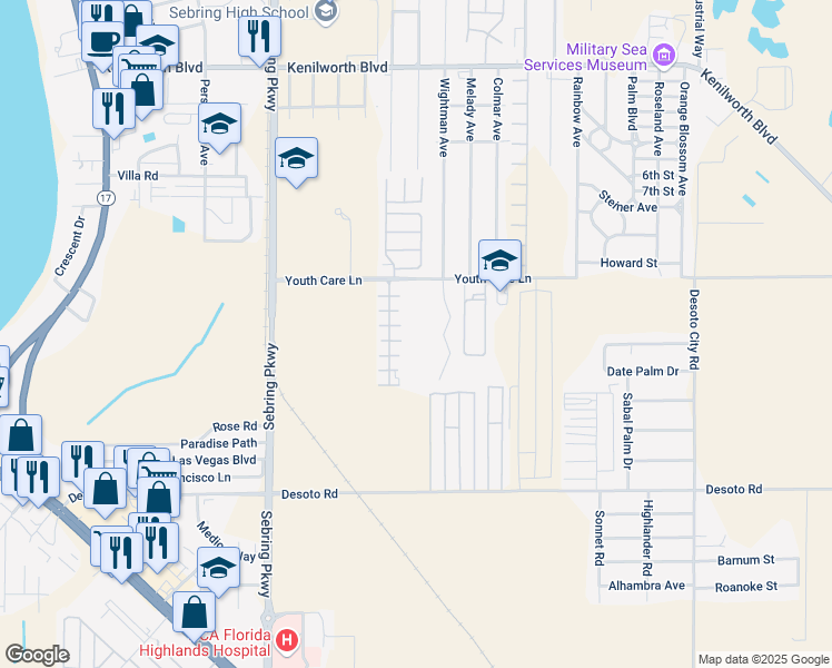 map of restaurants, bars, coffee shops, grocery stores, and more near 3819 Youth Care Lane in Sebring