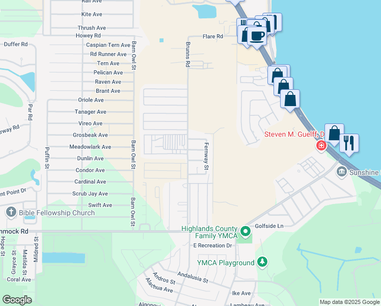 map of restaurants, bars, coffee shops, grocery stores, and more near 2026 Decatur Street in Sebring