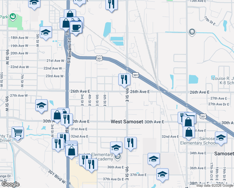 map of restaurants, bars, coffee shops, grocery stores, and more near 507 26th Avenue East in Bradenton