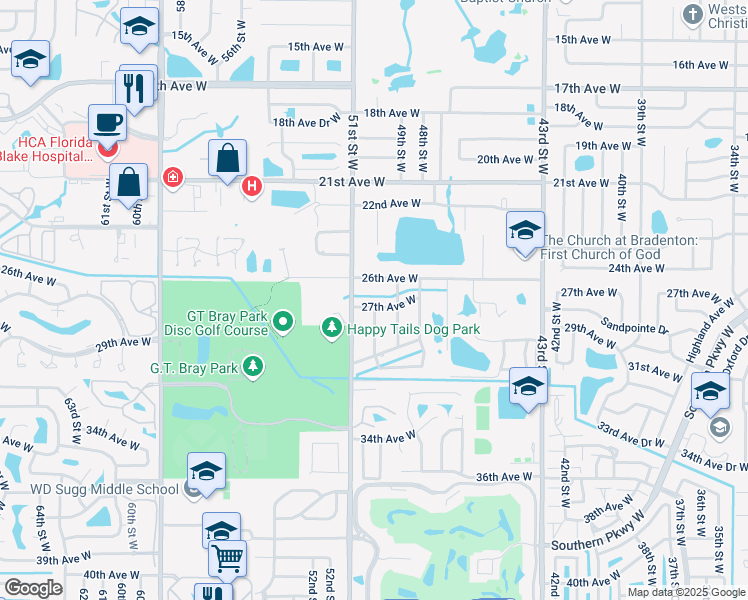 map of restaurants, bars, coffee shops, grocery stores, and more near 4921 26th Avenue West in Bradenton