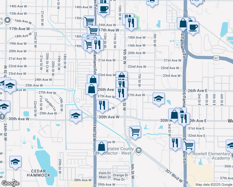 map of restaurants, bars, coffee shops, grocery stores, and more near 1009 26th Avenue West in Bradenton