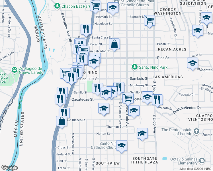 map of restaurants, bars, coffee shops, grocery stores, and more near 2299 South Texas Avenue in Laredo