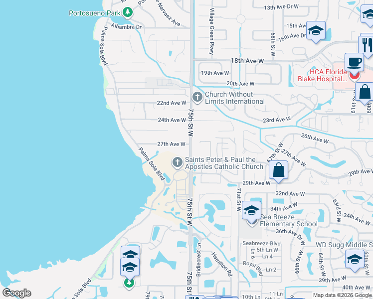 map of restaurants, bars, coffee shops, grocery stores, and more near 2727 75th Street West in Bradenton