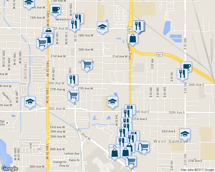 map of restaurants, bars, coffee shops, grocery stores, and more near 405 26th Avenue West in Bradenton