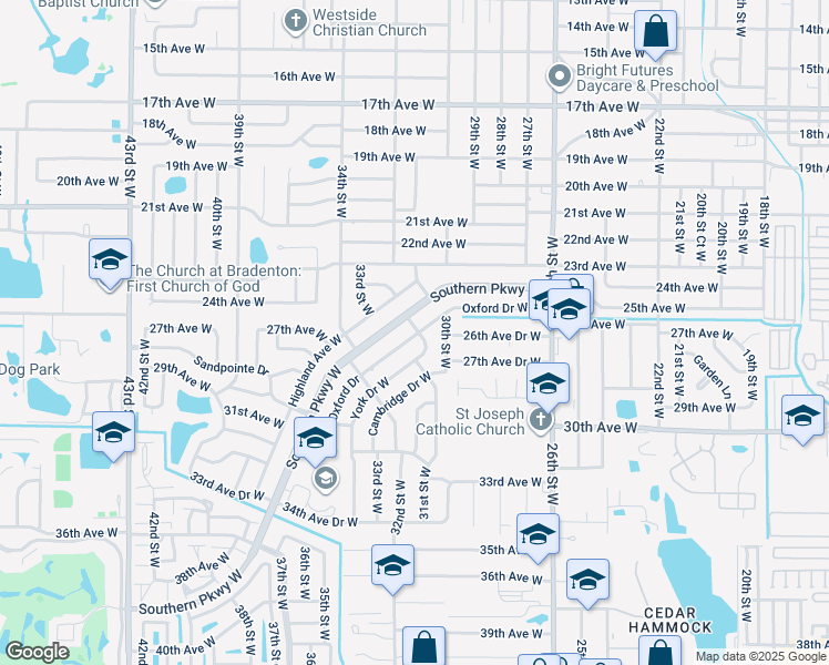 map of restaurants, bars, coffee shops, grocery stores, and more near 3110 Oxford Drive in Bradenton