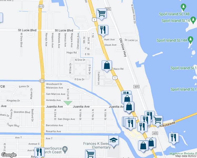 map of restaurants, bars, coffee shops, grocery stores, and more near Cashew Lane in Fort Pierce North