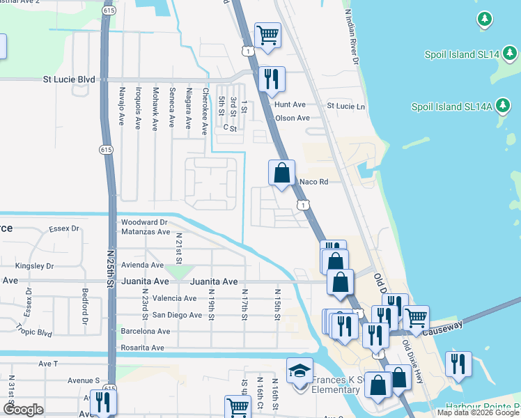 map of restaurants, bars, coffee shops, grocery stores, and more near Cashew Lane in Fort Pierce North