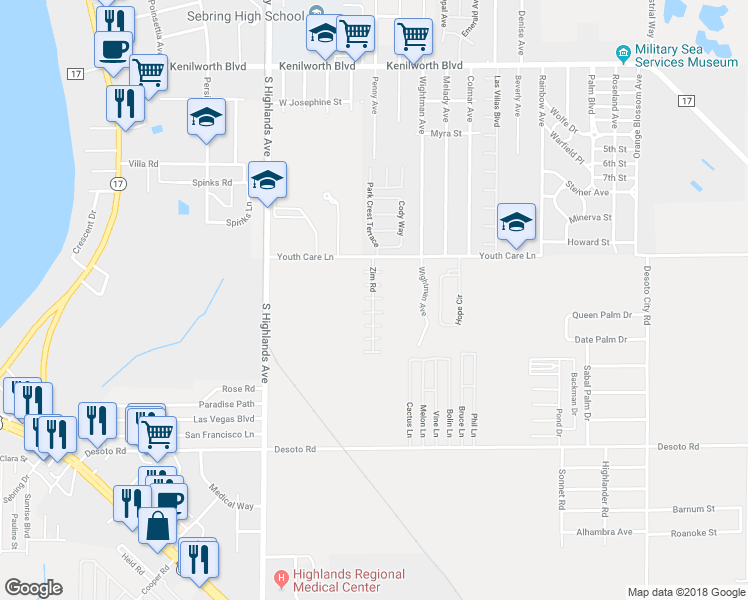 map of restaurants, bars, coffee shops, grocery stores, and more near Zim Road in Sebring