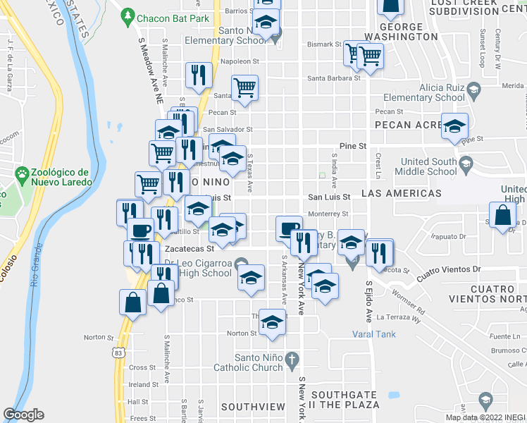 map of restaurants, bars, coffee shops, grocery stores, and more near 2710 Monterrey Street in Laredo