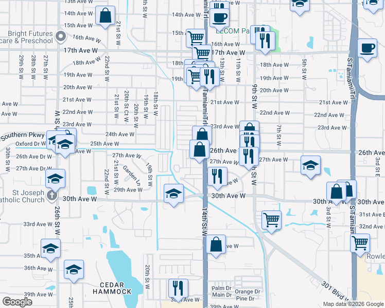 map of restaurants, bars, coffee shops, grocery stores, and more near 15 14th Lane West in Bradenton