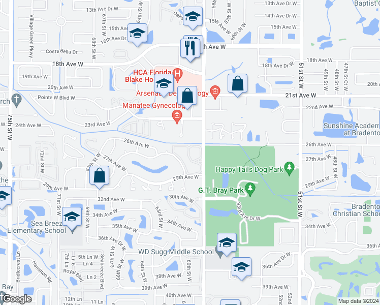 map of restaurants, bars, coffee shops, grocery stores, and more near 2701 60th Street West in Bradenton