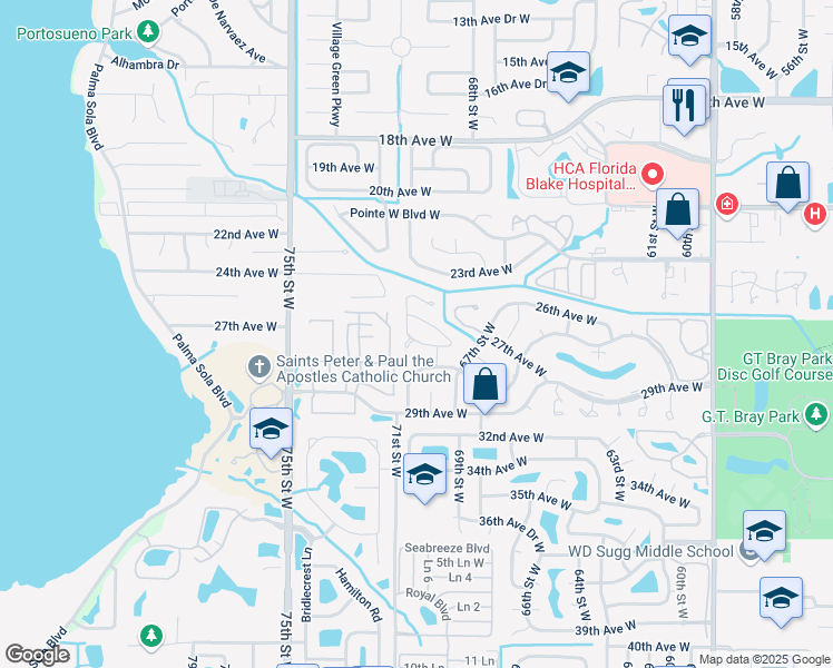 map of restaurants, bars, coffee shops, grocery stores, and more near 6929 Arbor Oaks Circle in Bradenton