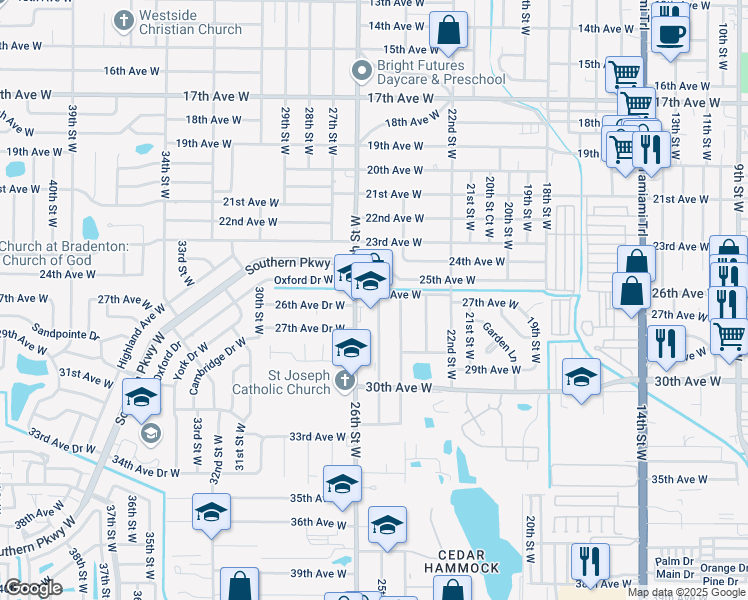 map of restaurants, bars, coffee shops, grocery stores, and more near 2509 26th Avenue West in Bradenton