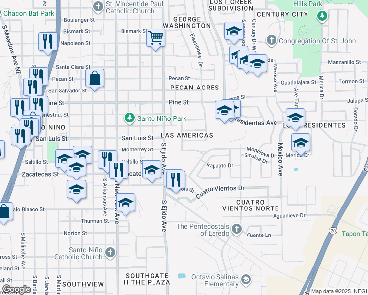 map of restaurants, bars, coffee shops, grocery stores, and more near 3202 Mante Drive in Laredo