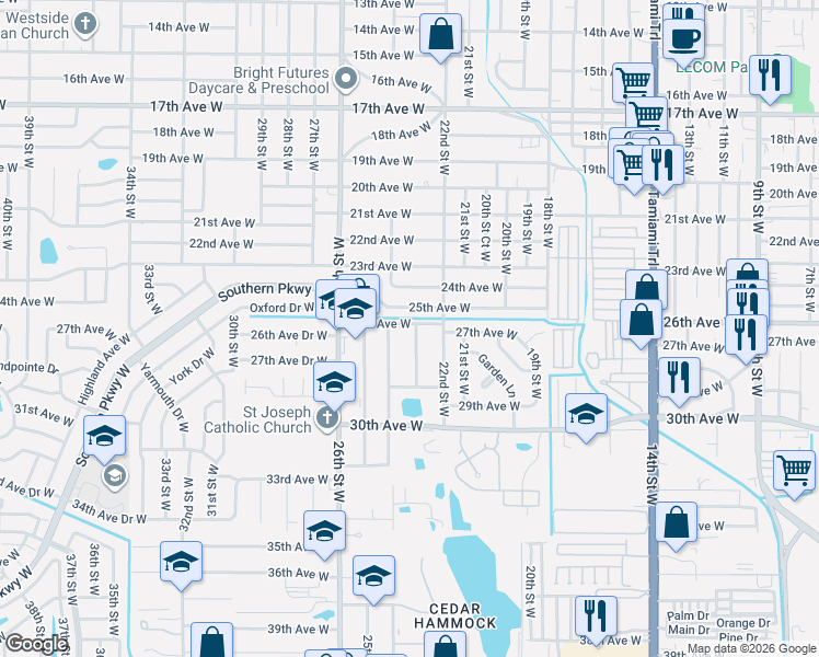 map of restaurants, bars, coffee shops, grocery stores, and more near 2305 26th Avenue West in Bradenton