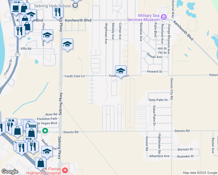 map of restaurants, bars, coffee shops, grocery stores, and more near 2320 Hope Circle in Sebring