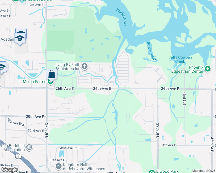map of restaurants, bars, coffee shops, grocery stores, and more near 6 33rd Circle East in Bradenton