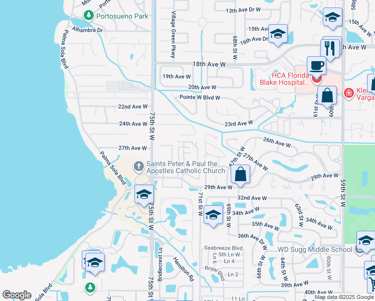 map of restaurants, bars, coffee shops, grocery stores, and more near 7115 27th Avenue Drive West in Bradenton