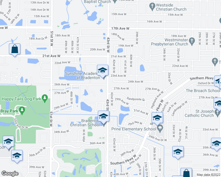 map of restaurants, bars, coffee shops, grocery stores, and more near 2710 42nd Street West in Bradenton