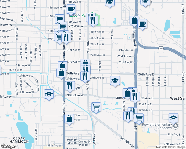 map of restaurants, bars, coffee shops, grocery stores, and more near 809 26th Avenue West in Bradenton
