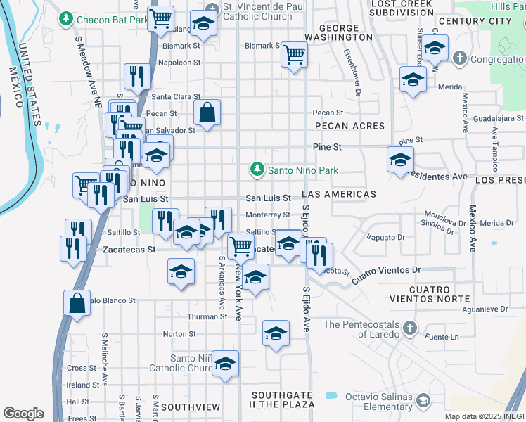 map of restaurants, bars, coffee shops, grocery stores, and more near 3006 Monterrey Street in Laredo