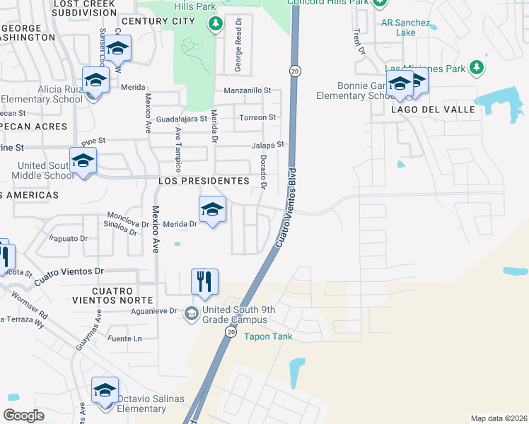 map of restaurants, bars, coffee shops, grocery stores, and more near 2430 Old Spanish Trail in Laredo