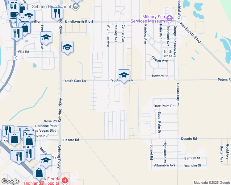 map of restaurants, bars, coffee shops, grocery stores, and more near 2320 Hope Circle in Sebring