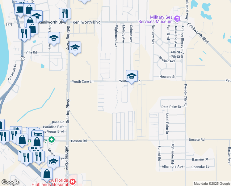 map of restaurants, bars, coffee shops, grocery stores, and more near 3819 Youth Care Lane in Sebring