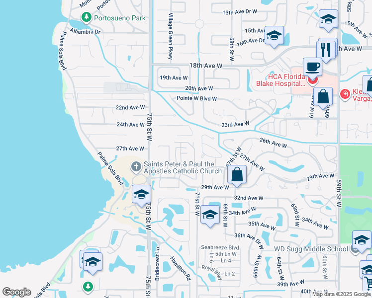 map of restaurants, bars, coffee shops, grocery stores, and more near 7115 27th Avenue Drive West in Bradenton