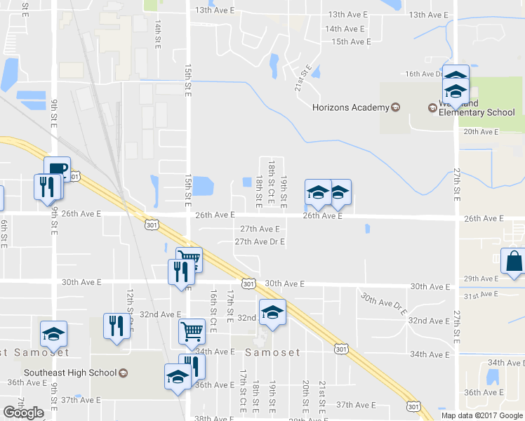 map of restaurants, bars, coffee shops, grocery stores, and more near 1804 25th Avenue East in Bradenton