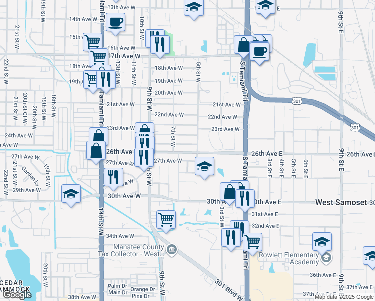 map of restaurants, bars, coffee shops, grocery stores, and more near 509 26th Avenue West in Bradenton