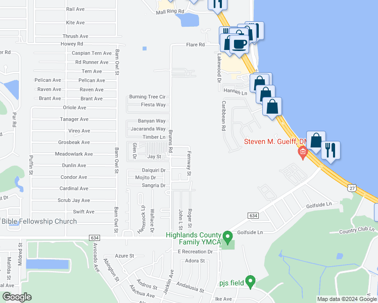 map of restaurants, bars, coffee shops, grocery stores, and more near 2314 Fernway Street in Sebring