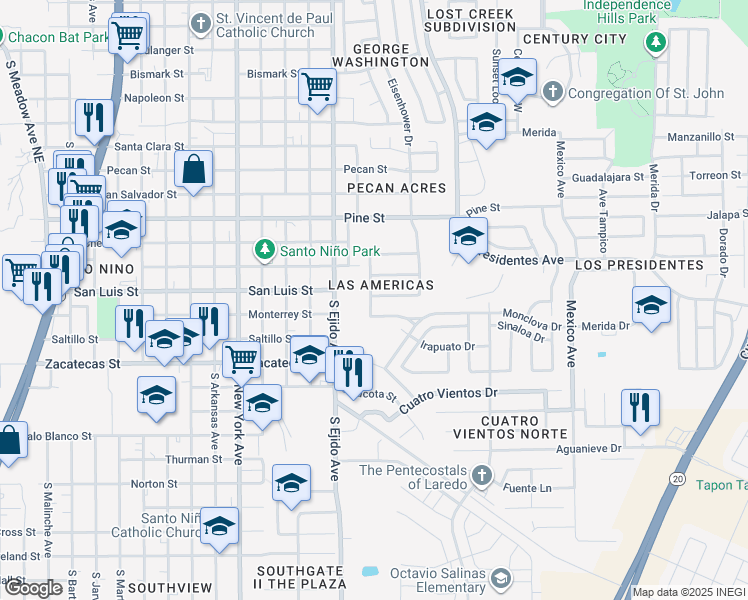 map of restaurants, bars, coffee shops, grocery stores, and more near 3202 Mante Drive in Laredo