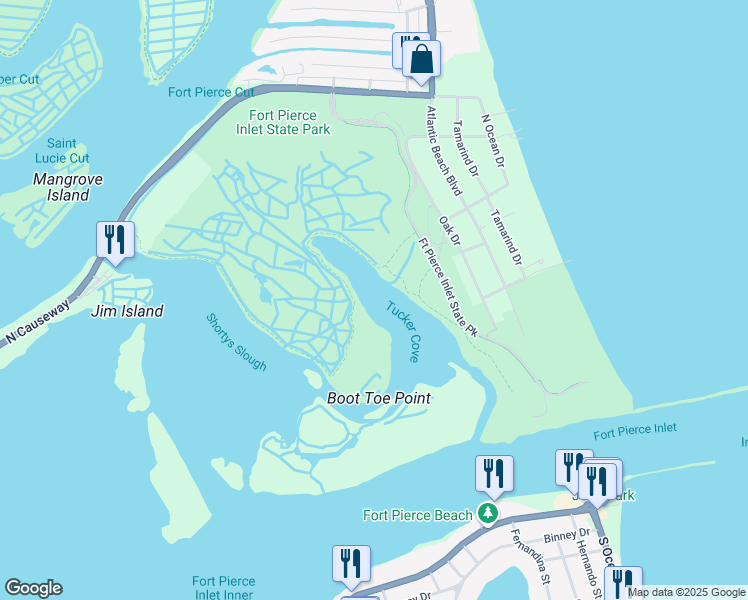 map of restaurants, bars, coffee shops, grocery stores, and more near 9663 South Ocean Drive in Jensen Beach